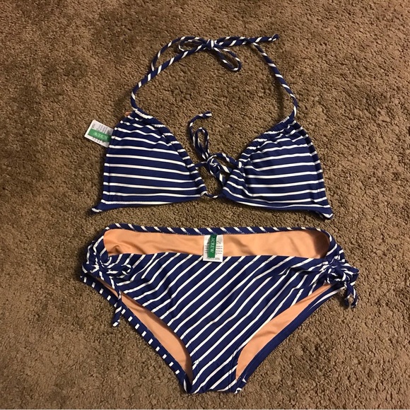 JCrew String bikini top in stripe and Ruched side-tie swim short in stripe - Picture 1 of 8